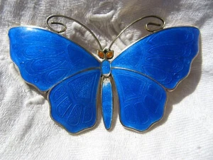 antike Brosche Guilloche Emaille 935 Silber vergoldet Schmetterling Norway? - Bild 1 von 12
