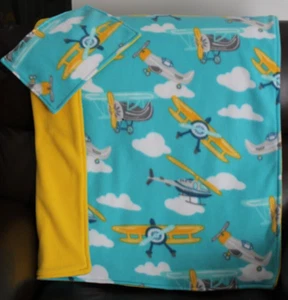 Fleece Airplane 29 1/2 x 34 1/2 in teal white yellow Toddler stroller lap throw - Picture 1 of 5