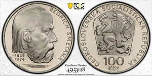 MONEDA DE 100 CORONAS CHECOSLOVAQUIA PLATA PROOF 1974 KM#82 SMETANA PCGS PR67 EXCELENTE 🥇 - Imagen 1 de 1