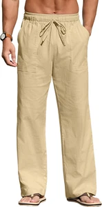 Men'S Casual Linen Pants Beach Summer Elastic Waist Drawstring Pants Lightweight - Picture 1 of 22