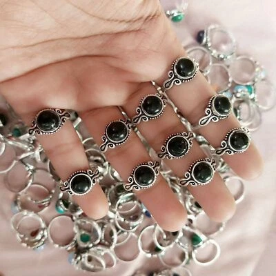 Lote de anillos boho hechos a mano con piedras preciosas de ónix negro de moda enchapados en plata de ley 925 Foto 1 de 3