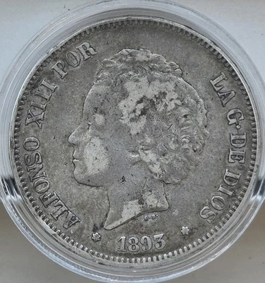 Spain 1893 (93) PG-L 5 Pesetas Silver Coin - Image 1 of 2