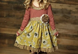 MUSTARD PIE CLOVER TWIRL DRESS SIZE 6 Lace Trim Flower Fall Colors - Picture 1 of 9