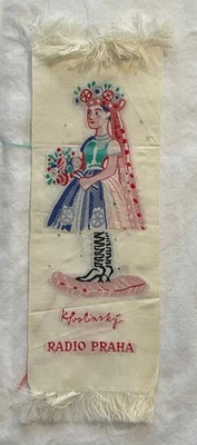 Редкий и винтажный льняной баннер/вымпел/закладка Radio Praha, Чехословакия 8 дюймов QSL - Изображение 1 из 3