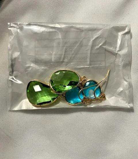 2 - Pair Earrings Simulated Blue Topaz-Toned, Emerald Green-Toned Glass Stones  - Image 1 of 1