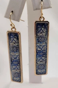Vintage Beveled Glass and Blue Pattern Dangle Earrings - Picture 1 of 3
