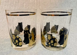 Vintage MCM Georges Briard Lowball Whisky Gläser Katzen Schwarz & Gold 2er Set - Bild 1 von 7