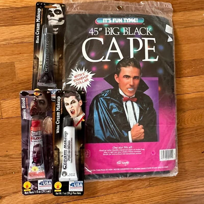 Capa Vinilo Drácula Vintage Halloween Vampiro Disfraz Adulto 45" Negro + Maquillaje Foto 1 de 4
