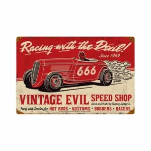 VINTAGE EVIL SPEED SHOP DEVIL CAR RACING 18" HEAVY DUTY USA MADE METAL ADV SIGN - Picture 1 of 1