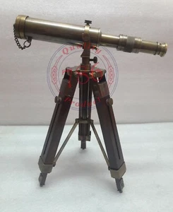 Vintage Nautical Antique Brass Telescope With Table Top Wooden Tripod Stand - Bild 1 von 4