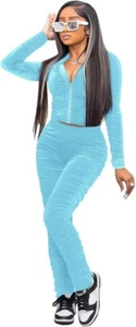Women Velour Sweatsuit Sexy Outfit Zip Up Hooded Sweatshirts + Stacked Pants set - Picture 1 of 15