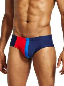 Navy Blue w/ Red & Blue Racing Stripes Men's Swim Briefs. Size Large 34" - Picture 1 of 3
