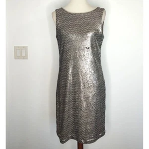 White House Black Market Kleid M Pailletten Cocktail Silber Gold Ärmellos Urlaub - Bild 1 von 8