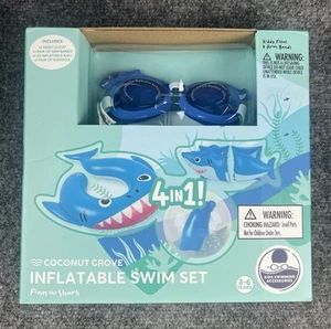 Shark Inflatables Swim Set 4 Pieces Float Arm Bands Ball Goggles Blue Sharks - Picture 1 of 10