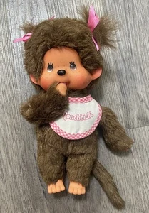 Monchhichi Plush Toy Vintage with Pink Bow & Pink/White Bib Sucking - Picture 1 of 7