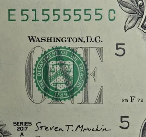 Near Solid Binary 7 OAK Fancy Serial Number E51555555C 2017A One Dollar Bill Unc - Picture 1 of 12