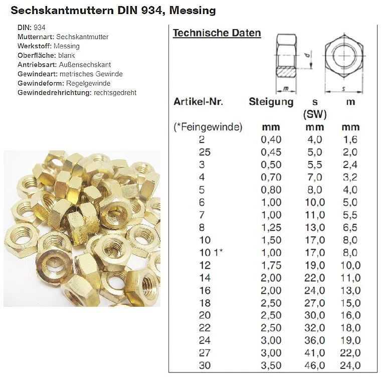 Feingewinde , Sechskant-Muttern, DIN 934, Stahl verzinkt, blank, gelb verz./A2 - Bild 1 von 2