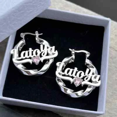 Par de pendientes de aro giratorios con nombre personalizado 30 mm circonita cúbica joyería acero inoxidable Foto 1 de 4