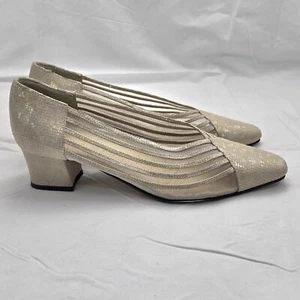 J. Renee Comic Champagne Sheer Iridescent Shimmer Chunky Heels Size 8M - Picture 1 of 12