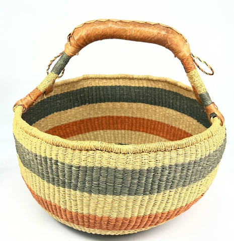 Vintage LARGE Handwoven Bloga Sweet grass Market Shopping Basket LEATHER Handle Cover