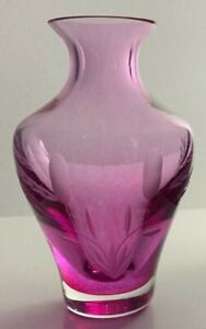 Vintage Caithness Glass Pink Posy Vase Cut Etched Bullrush Pattern Scotland Art