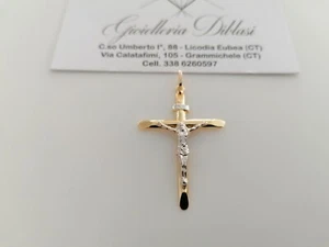 CIONDOLO CROCE Sacra CROCEFISSO CRISTO Pendente In ORO 18 Kt 750% Giallo Bianco - Foto 1 di 9