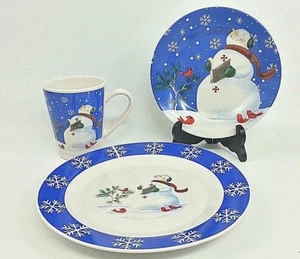 Studio 33 Christmas Snowman Brown Book Place Setting Plate Mug Salad Blue - Picture 1 of 3