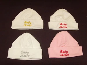 Baby 100% Cotton Embroidered Personalised Hat With The Saying Baby Sister    - Picture 1 of 11