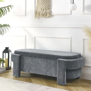 Storage Bench Chenille Fabric Upholstered Bench For Living Room Entryway Gray - Picture 1 of 9