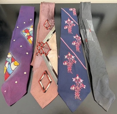 Lote de 4 corbatas vintage Wembley Sears Art Deco florales finas pintadas a mano USADAS LEER Foto 1 de 4