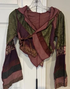 Felpa con cappuccio Avant Garde Hippie vintage patchwork cravatta boho elfo pixie XS 28" petto - Foto 1 di 8