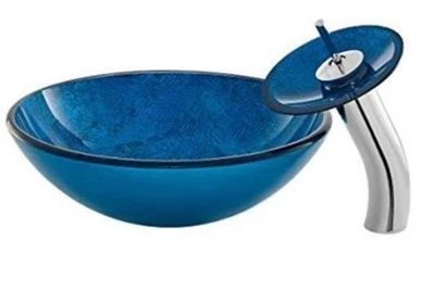 Fregadero de vaso de vidrio Cascade 16,5" con grifo en azul océano Foto 1 de 3