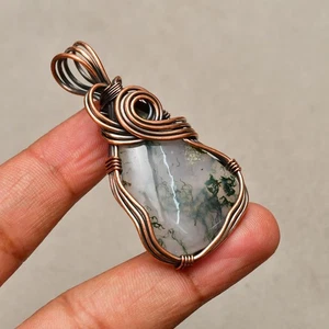 indian Moss Agate Gemstone Copper Wire Wrapped Handmade Jewelry Pendant 2.04" - Picture 1 of 6