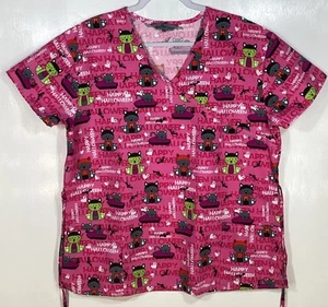 Blusa Médica Halloween Mujer Talla L Grande Medida Gatos Murciélagos Rosa - Imagen 1 de 4
