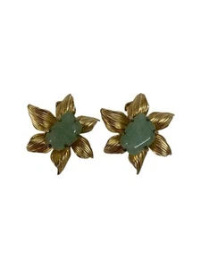 Vintage Christian Dior 1966 Gold Plated Green Glass Flowers Clip Earrings - Picture 1 of 4