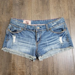 1st Kiss Jean Shorts Womens Size 11 Blue Denim Low Rise Distressed Frayed - Picture 1 of 16