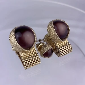 Brown Cabochon Cat Eye Mesh Wrap Gold Tone Cufflinks Tie Pin Lucite 70’s VTG N1 - Picture 1 of 12