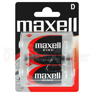2 x Maxell D size batteries Zinc R20 MN1300 UM1 Torcia Mono Low/Constant Drain