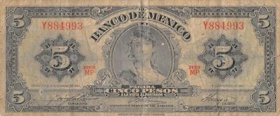 Mexico  5  Pesos  8.11.1961  Series MP  Prefix Y  Circulated Banknote MeLB2 - Image 1 of 2
