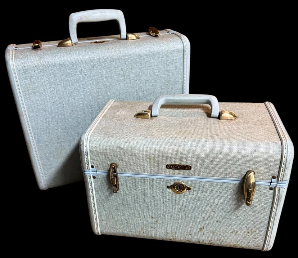 W/ KEYS Vintage 1950s Samsonsite Hawaiian Blue Sparkle Tweed Train Case+Suitcase - Image 1 of 4