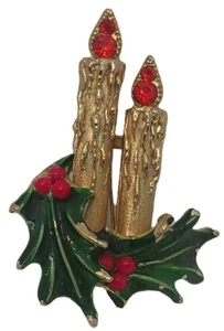 Vintage ART Candle and Holly Christmas Brooch / Pin - Picture 1 of 7