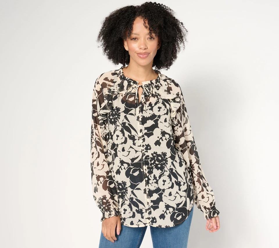 Top estampado con detalle de volantes manga raglán firma Denim & Co. crema vainilla 1X N Foto 1 de 1