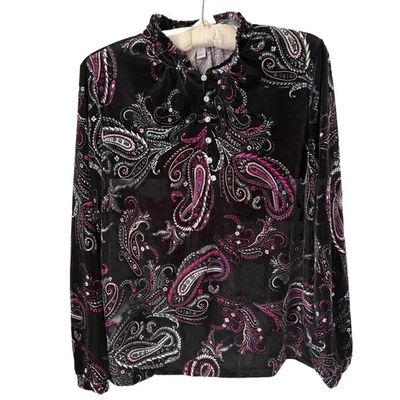 Blusa Charter Club Terciopelo Púrpura Paisley Volantes Mujer Talla Pequeña Grande Elastizada Foto 1 de 4
