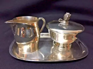 Vintage Paul Revere Reproductions Silverplate Creamer Sugar Tray Set - Picture 1 of 7