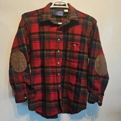 Vtg Pendleton Wool Buffalo Plaid Flannel Button Up Shirt Mens Sz Large Leather  - Image 1 of 4
