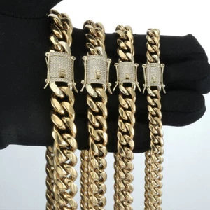 14k Gold Plated Stainless Steel Miami Cuban Link Bracelet Chain With CZ Clasp - Picture 1 of 11