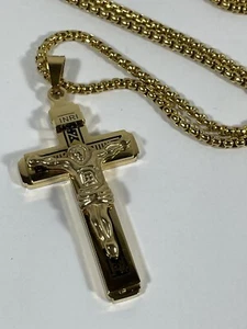 Crucifix Necklace Gold Plated 24 inch Chain Mens Stainless Steel Jesus Cross - Picture 1 of 11
