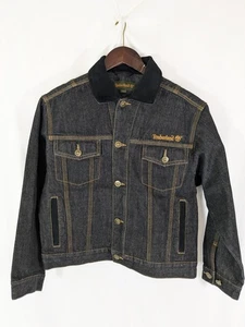 Vintage 90's Timberland Mens Medium Jean Black Denim Rider Jacket Suede Collar - Picture 1 of 6