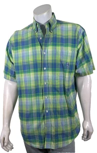 Cinch Men’s Short Sleeve Button-up Shirt Green Blue Yellow Plaid Logo Size M - Picture 1 of 10