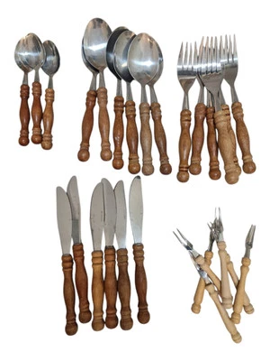 Retro Besteck Löffel Holzgriff Messer Gabel Holz 27 tlg Rustikal Teelöffel Picke - Bild 1 von 4